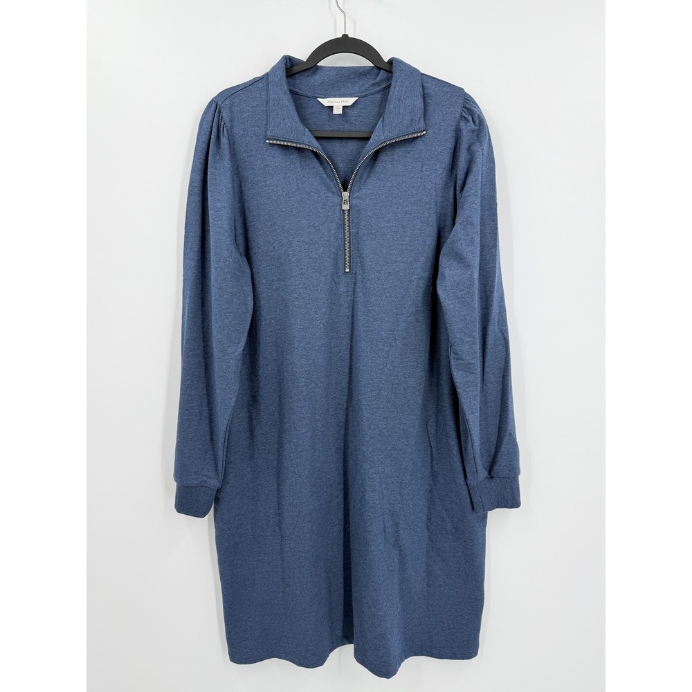 Garnet Hill Quarter Zip French Terry Dress Womens sz L Blue Minimalist casual